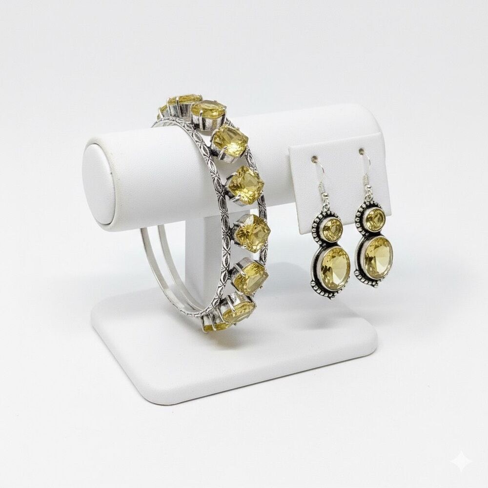 Vintage Style Citrine CZ Jewelry Set Silver Cuff Bracelet & Drop Earrings Boho